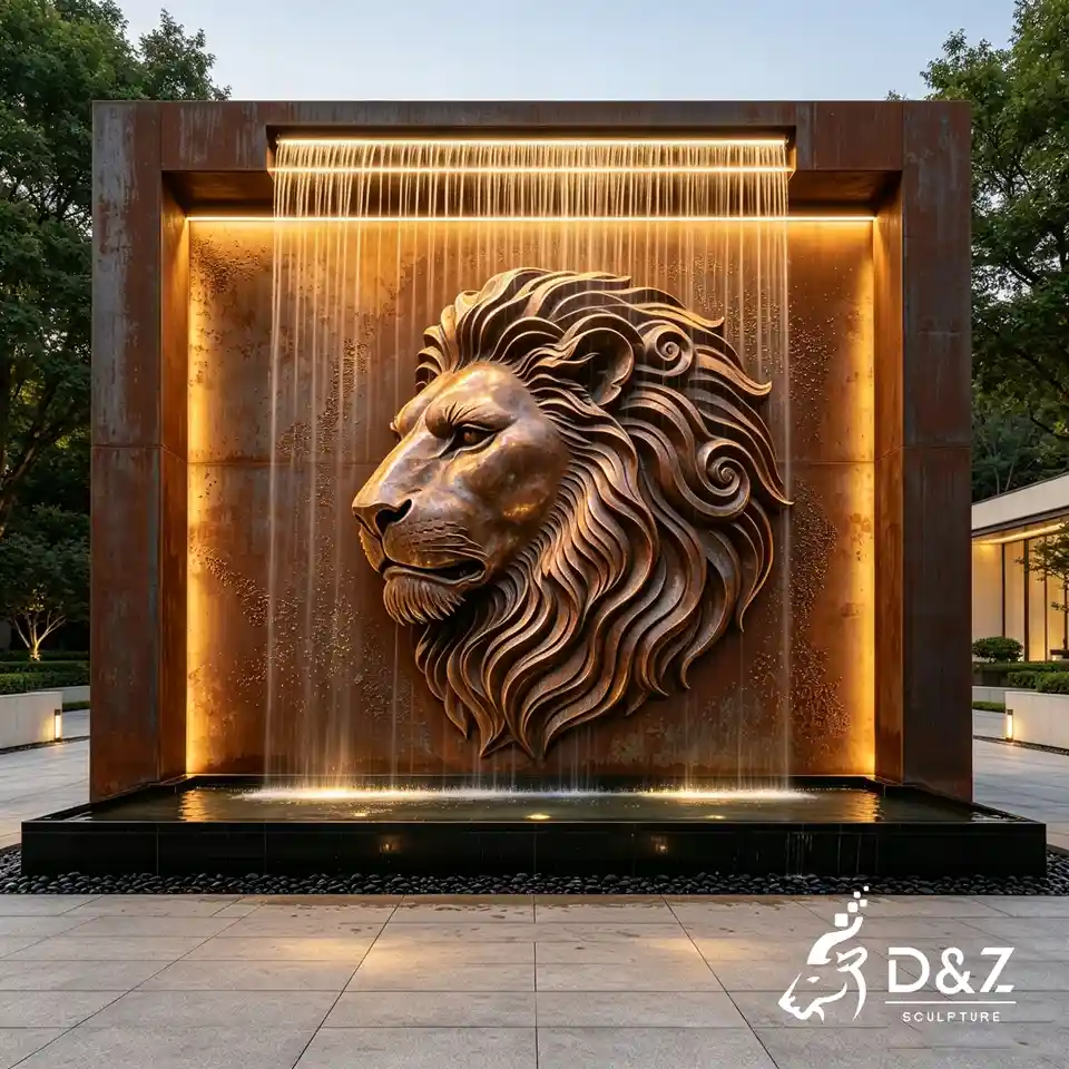 Bronze Lion Head Wall Fountain | Large Corten Steel Fountain Sculpture 2 Bronze Lion Head Wall Fountain | Large Corten Steel Fountain Sculpture 2
