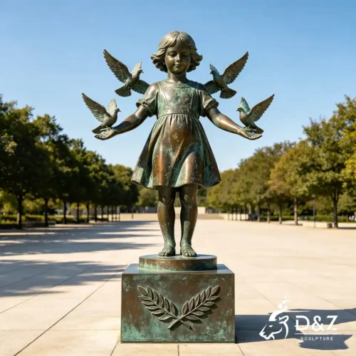 Children's Peace Statue | A Girl Bronze Peace Dove Statue 2