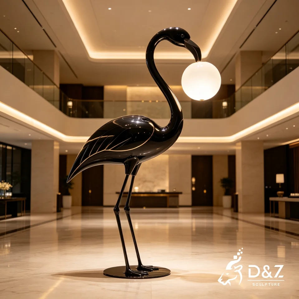 Flamingo Floor Lamp | Custom Metal Bird Sculpture Lamp for Hotel Lobby 2 Flamingo Floor Lamp | Custom Metal Bird Sculpture Lamp for Hotel Lobby 2