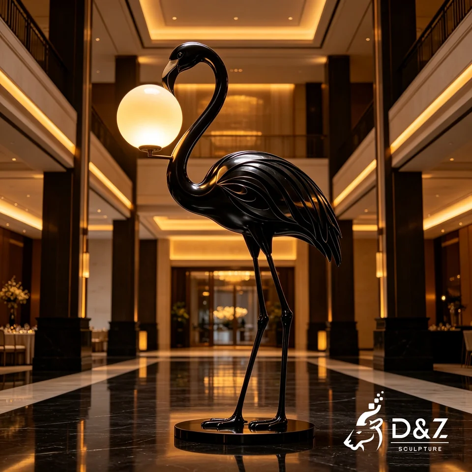 Flamingo Floor Lamp | Custom Metal Bird Sculpture Lamp for Hotel Lobby 6 Flamingo Floor Lamp | Custom Metal Bird Sculpture Lamp for Hotel Lobby 6