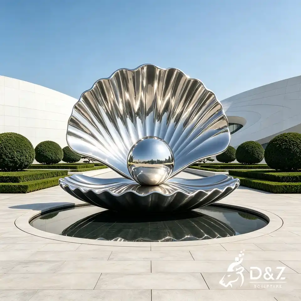Large Clam Shell Sculpture | Custom Mirror Stainless Steel Shell Art 2 Large Clam Shell Sculpture | Custom Mirror Stainless Steel Shell Art 2