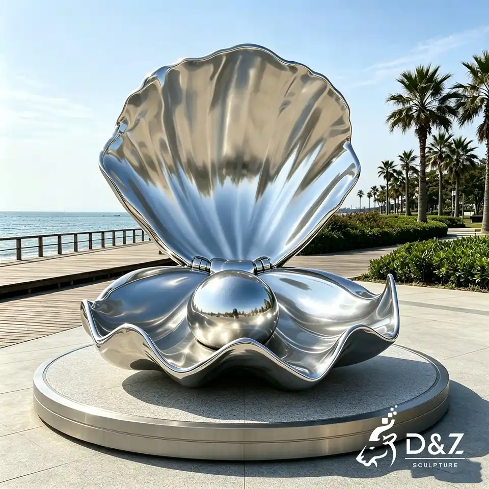 Large Clam Shell Sculpture | Custom Mirror Stainless Steel Shell Art 3 Large Clam Shell Sculpture | Custom Mirror Stainless Steel Shell Art 3