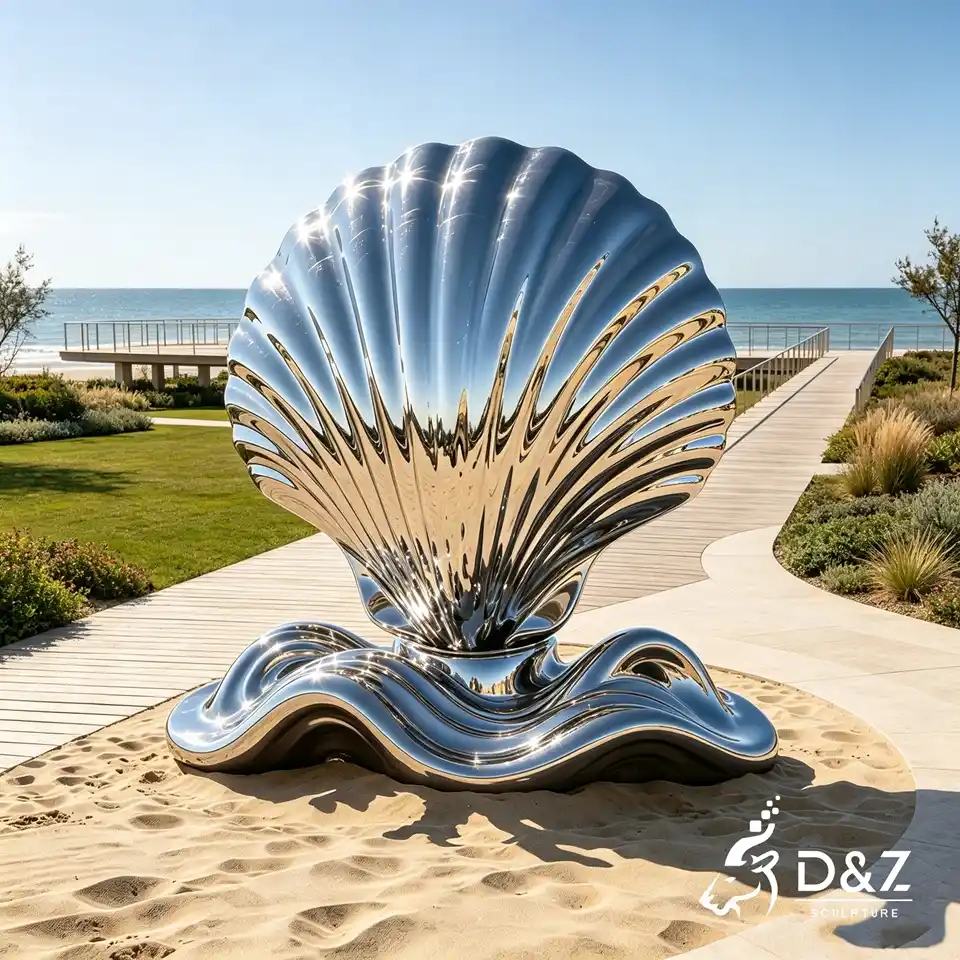 Large Clam Shell Sculpture | Custom Mirror Stainless Steel Shell Art 6 Large Clam Shell Sculpture | Custom Mirror Stainless Steel Shell Art 6