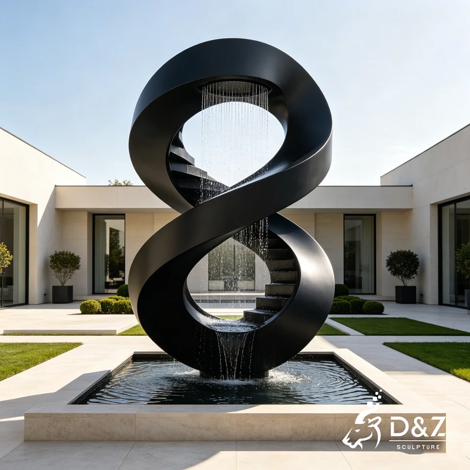 Large Spiral Garden Fountain | Black Stainless Steel Infinity Fountain Sculpture 6 Large Spiral Garden Fountain | Black Stainless Steel Infinity Fountain Sculpture 6
