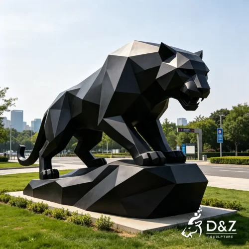 Geometric Black Leopard Statue | Low Poly Stainless Steel Panther Sculpture 1