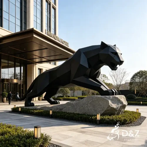Geometric Black Leopard Statue | Low Poly Stainless Steel Panther Sculpture 2