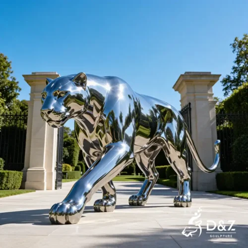 Silver Leopard Statue | Polished Stainless Steel Panther Sculpture for Outdoor Decor 1
