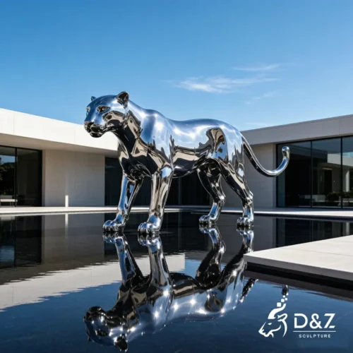 Silver Leopard Statue | Polished Stainless Steel Panther Sculpture for Outdoor Decor 2