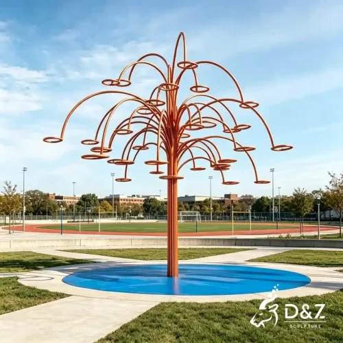 Abstract Metal Tree Sculpture with Basketball Hoop Design 1