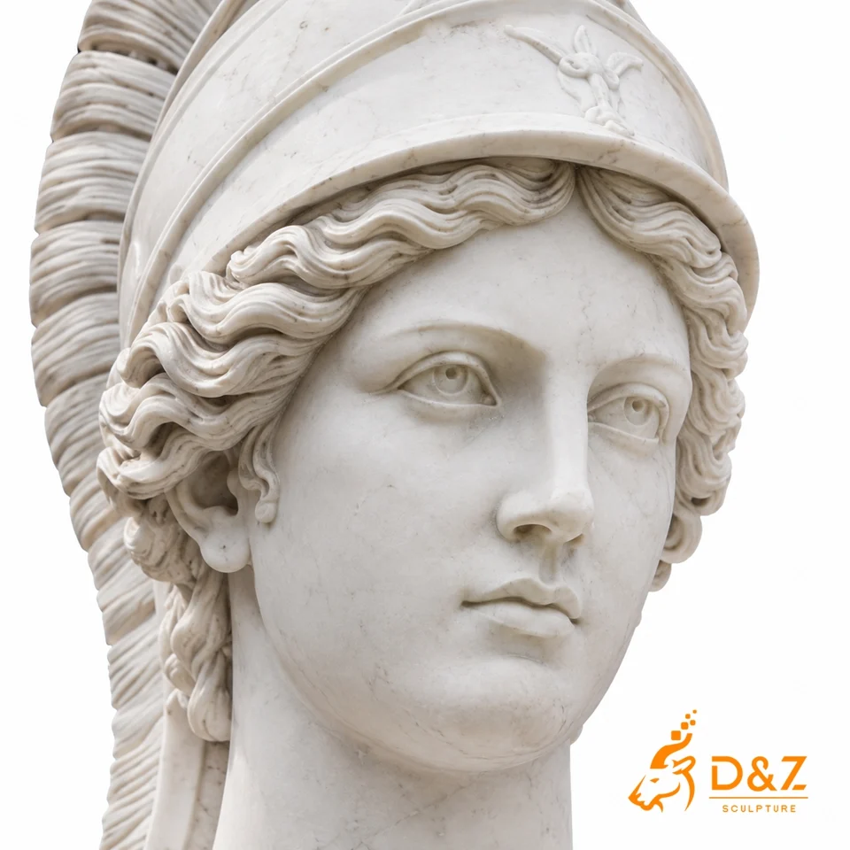 Athena Bust Statue Face and Hair Carving Detail Athena Bust Statue Face and Hair Carving Detail