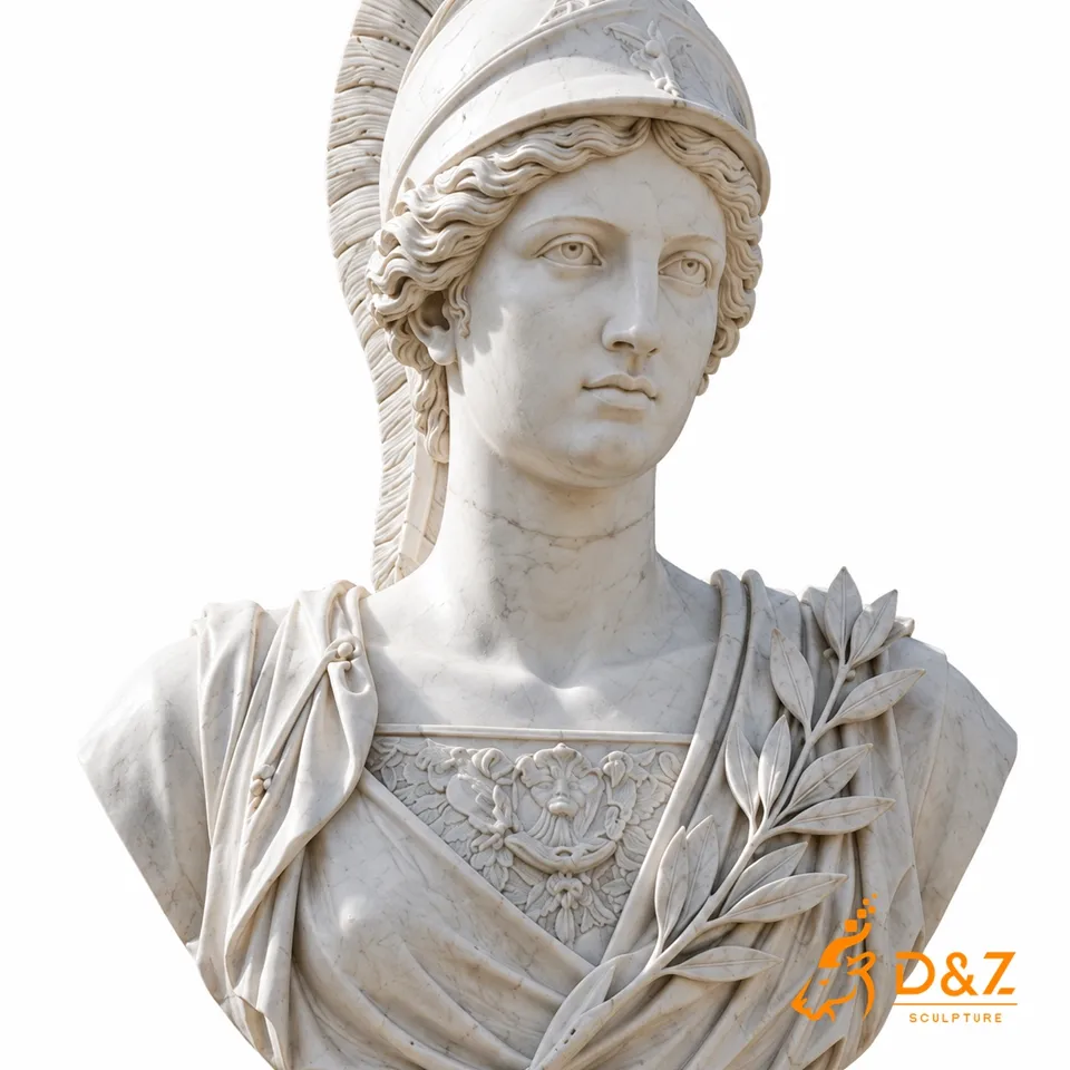 Hand-Carved Marble Athena Bust Sculpture Detail Hand-Carved Marble Athena Bust Sculpture Detail