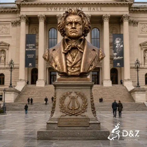 Bronze Beethoven bust with monumental pedestal in front of a classical symphony hall Bronze Beethoven bust with monumental pedestal in front of a classical symphony hall