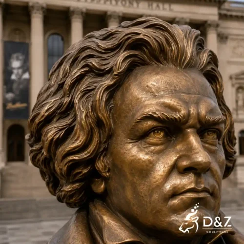 Bronze Beethoven bust close-up showing detailed curly hair and realistic facial features