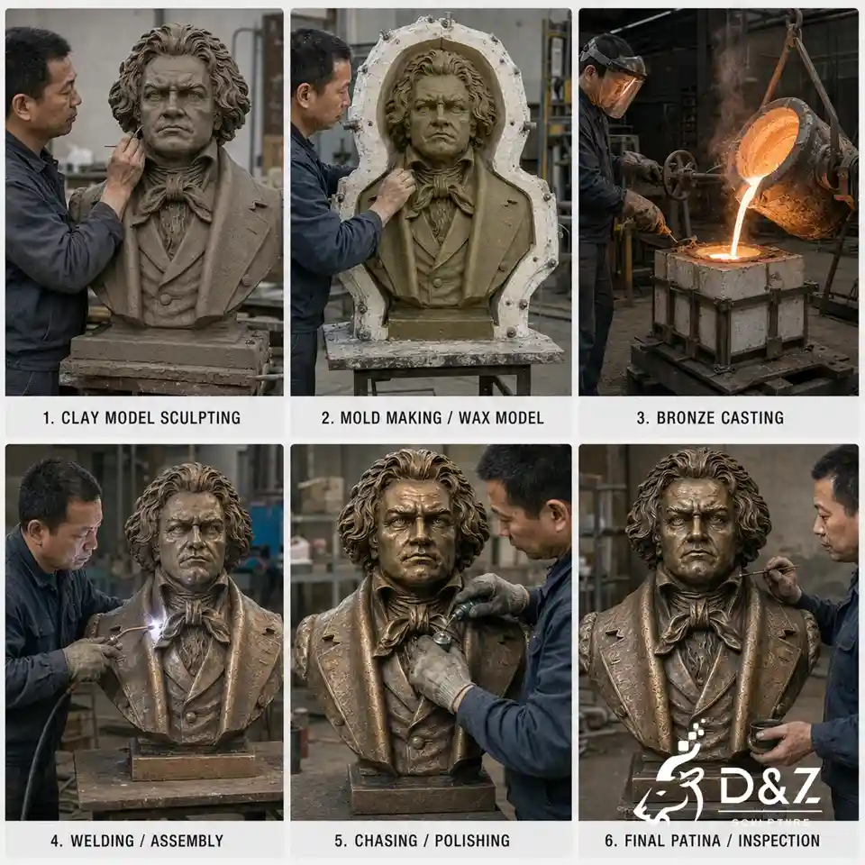 Bronze Beethoven bust lost-wax casting and sculpture production process