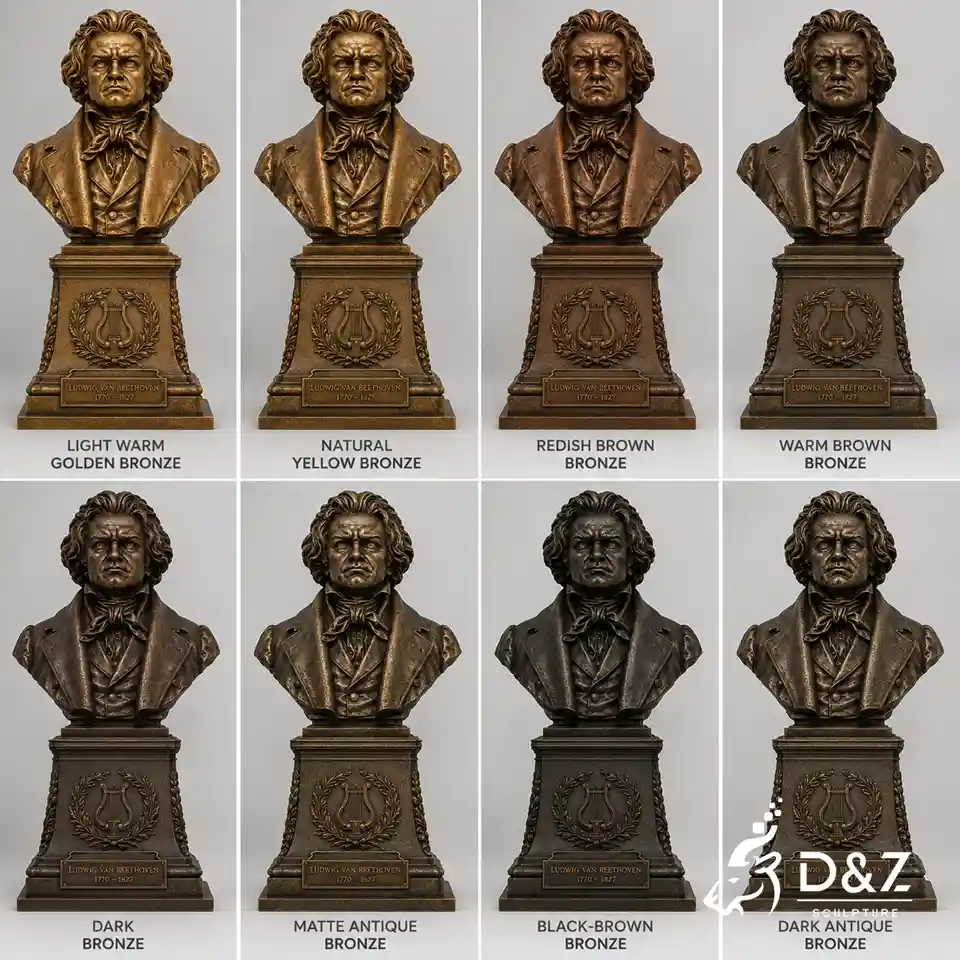 Custom bronze finishes and patina colors for Beethoven bust sculptures