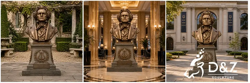 Bronze Beethoven bust applications in garden, luxury lobby, and music university