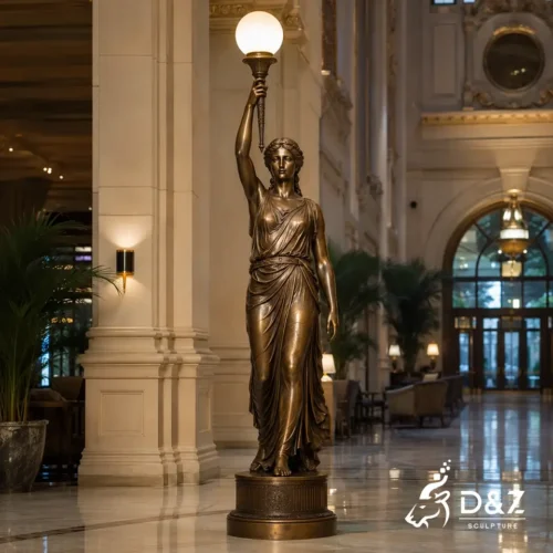 Bronze Lady Lamp Statue | Classical Lady Holding Lamp Sculpture 1