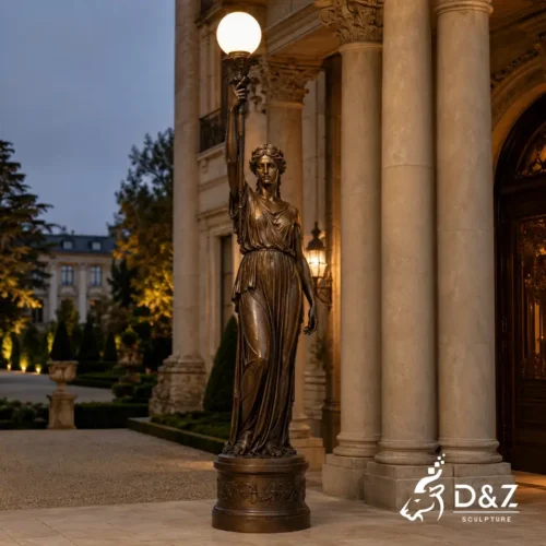 Bronze Lady Lamp Statue | Classical Lady Holding Lamp Sculpture 2