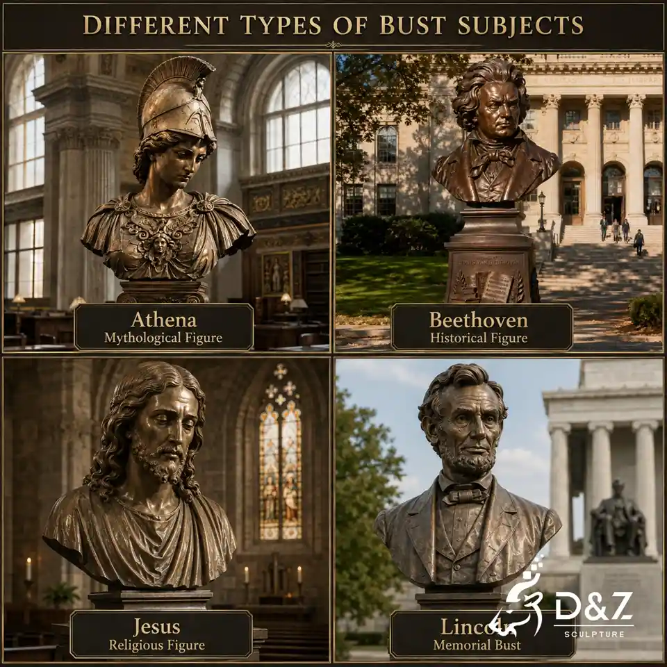Different types of bust statues including mythological, historical, religious, and memorial figures Different types of bust statues including mythological, historical, religious, and memorial figures