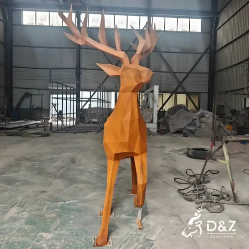 Corten Steel Geometric Deer Sculpture with Low Poly Design 1