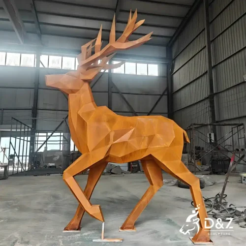 Corten Steel Geometric Deer Sculpture with Low Poly Design 2