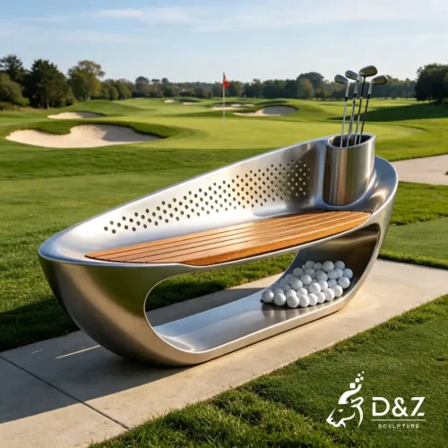 Stainless Steel Golf Course Bench | Outdoor Art Sculptural Seating​ With Golf Club Storage 1