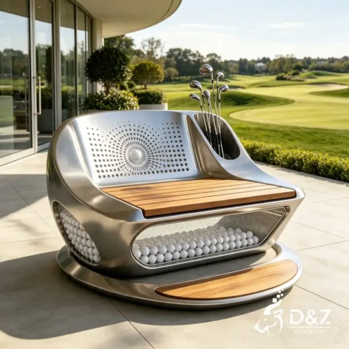 Stainless Steel Golf Course Bench | Outdoor Art Sculptural Seating​ With Golf Club Storage 2