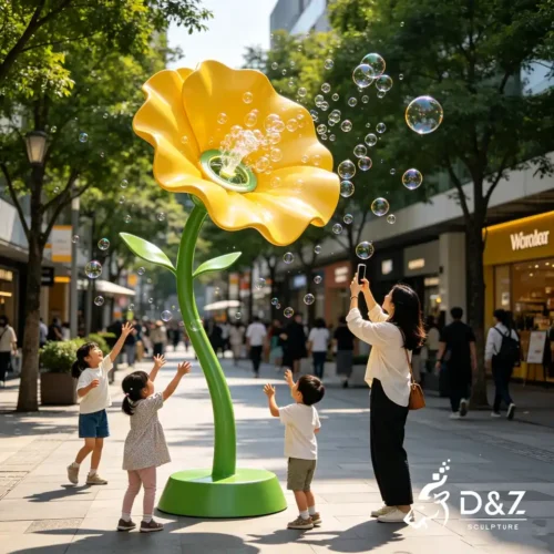 Metal Flower Interactive Outdoor Sculpture With Bubble and LED Light For Public Art Decor 1