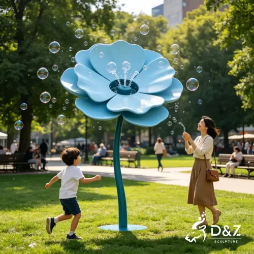 Metal Flower Interactive Outdoor Sculpture With Bubble and LED Light For Public Art Decor 2