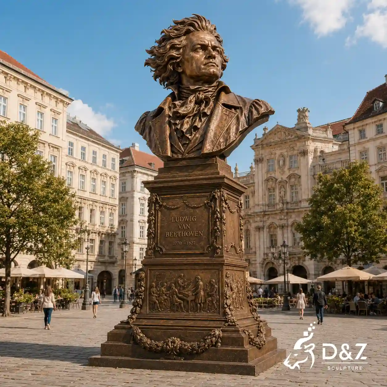 Large bronze Beethoven bust sculpture in a public square