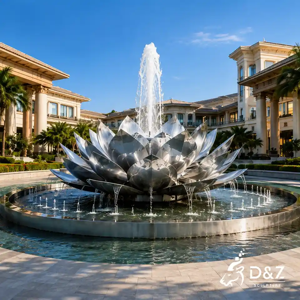 Large metal lotus flower fountain with mirror polished stainless steel petals in a luxury hotel plaza