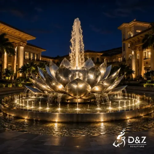 Illuminated metal lotus flower fountain with LED lighting at night