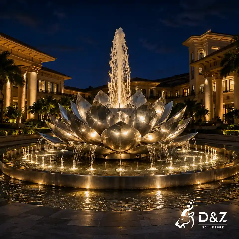Illuminated metal lotus flower fountain with LED lighting at night Illuminated metal lotus flower fountain with LED lighting at night