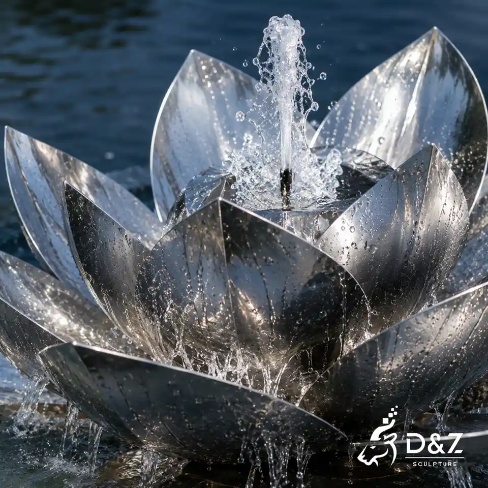 Close-up of stainless steel lotus water fountain petals and flowing water Close-up of stainless steel lotus water fountain petals and flowing water