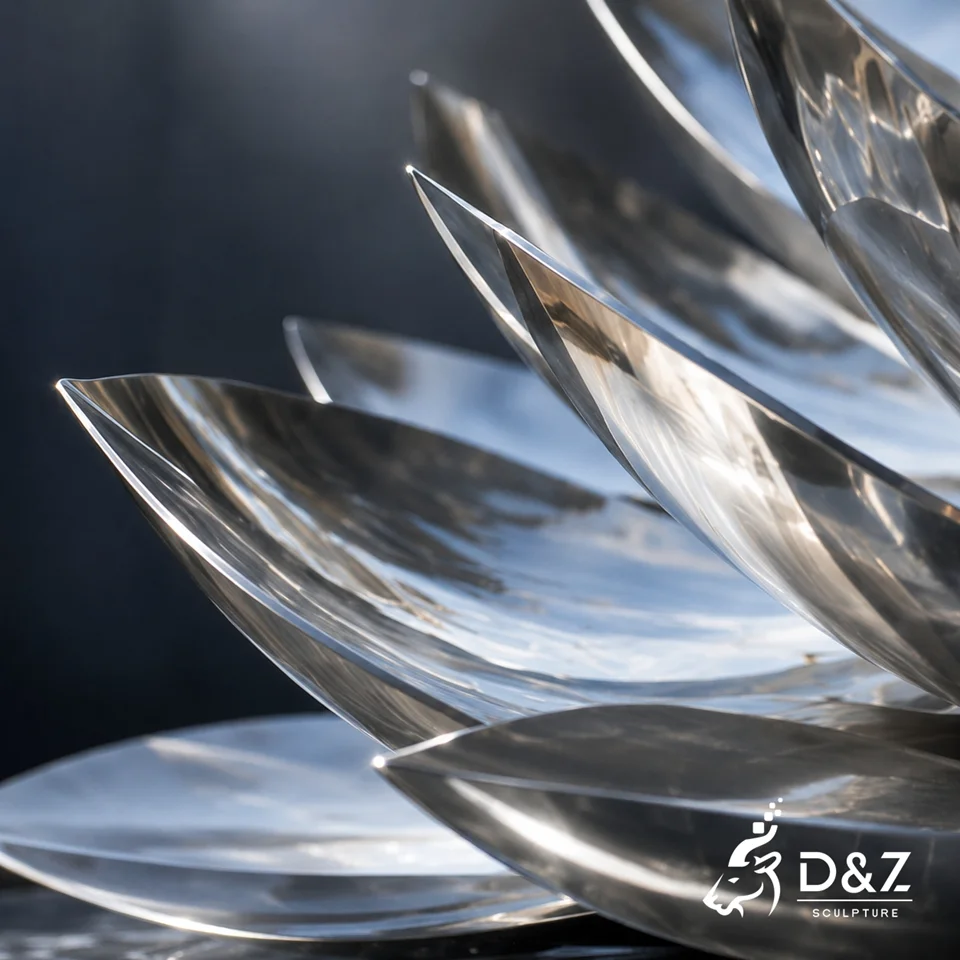 Mirror polished stainless steel petals of a metal lotus fountain Mirror polished stainless steel petals of a metal lotus fountain