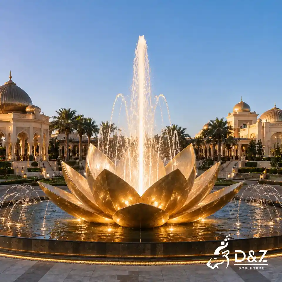 Golden illuminated blooming lotus fountain for luxury resort landscape Golden illuminated blooming lotus fountain for luxury resort landscape