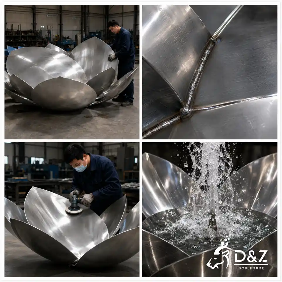 Stainless steel lotus fountain sculpture fabrication and water testing process Stainless steel lotus fountain sculpture fabrication and water testing process