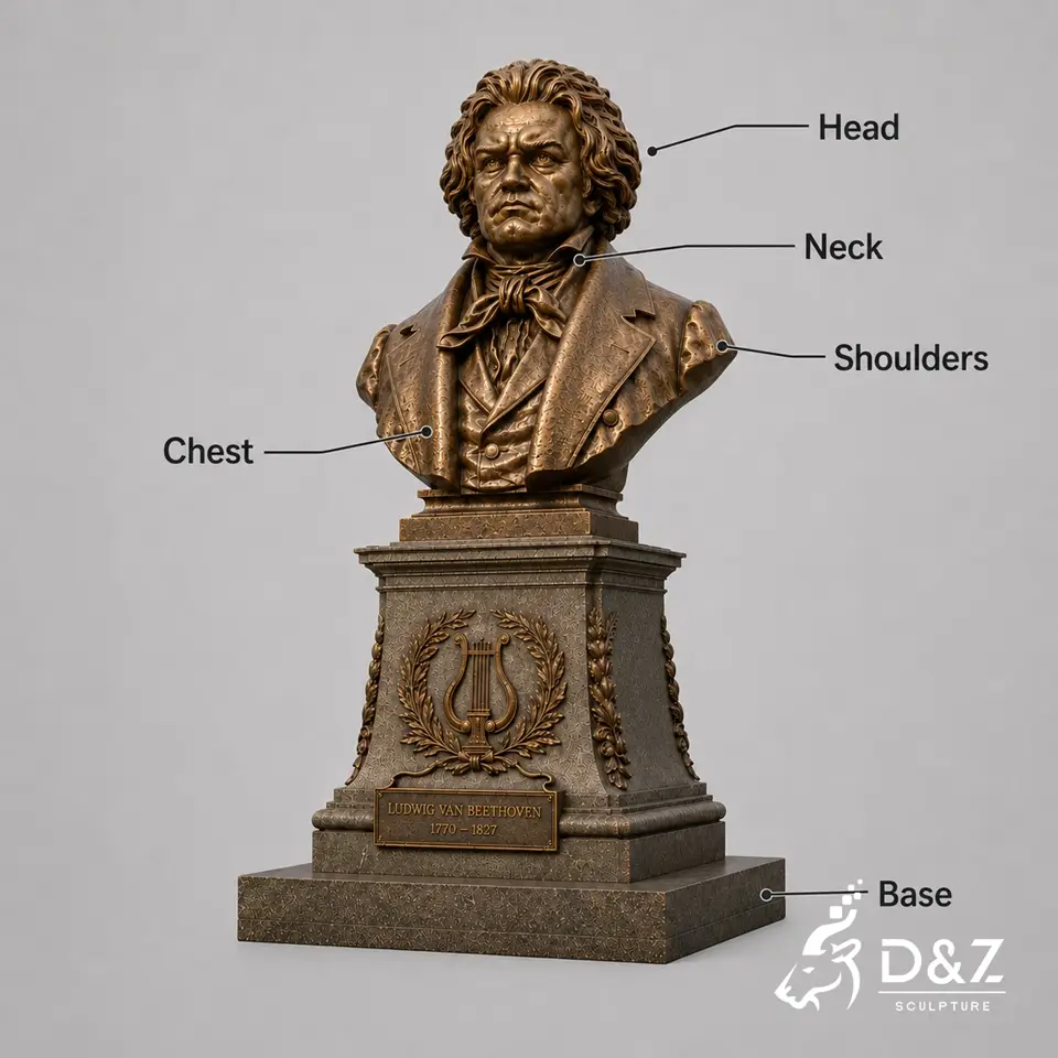 Parts of a bust statue showing head, neck, shoulders, chest, and base Parts of a bust statue showing head, neck, shoulders, chest, and base