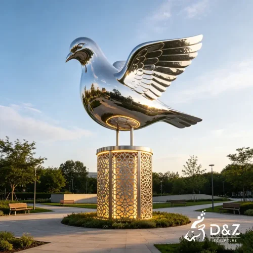 Stainless Steel Peace Dove Sculpture with LED Light for Outdoor Public Art Spaces 1