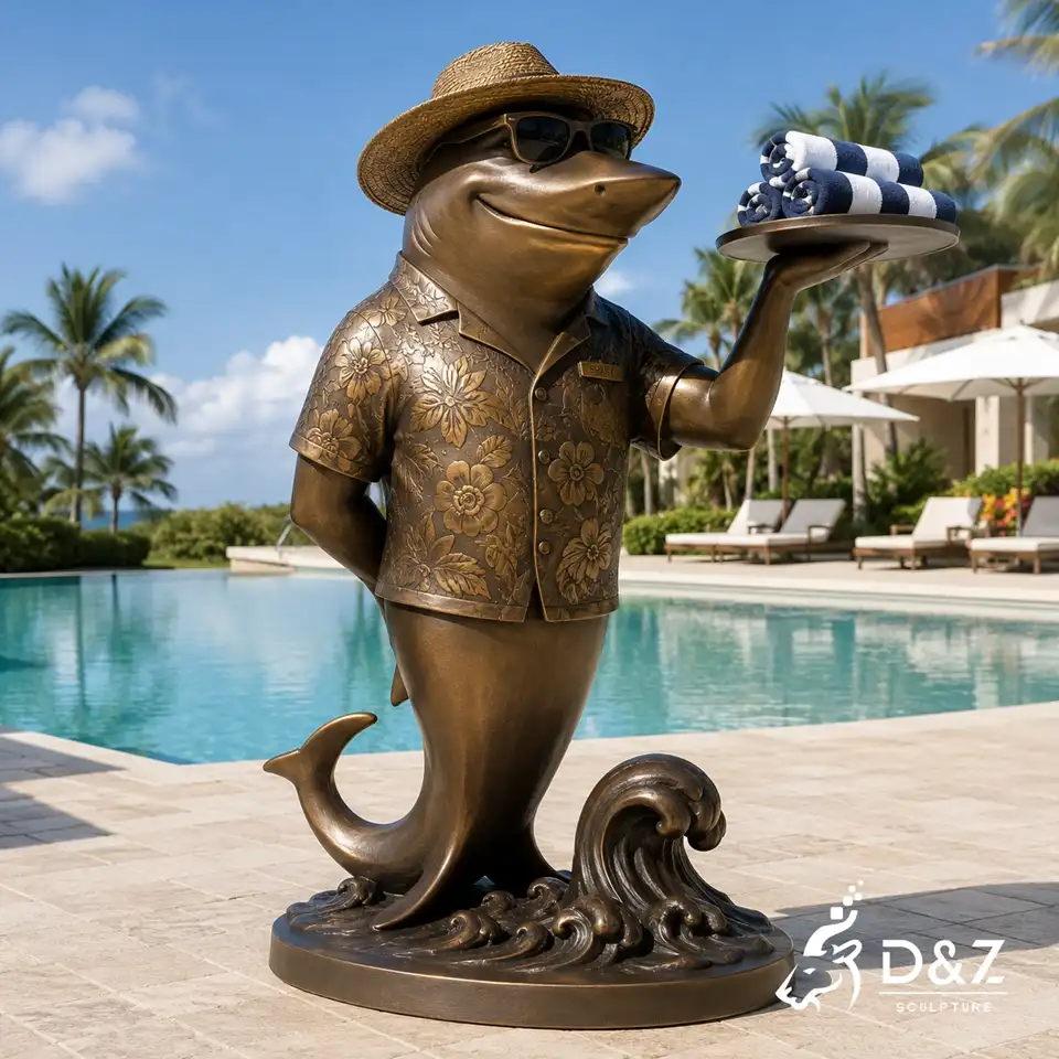 Shark Butler Statue | Life Size Bronze Shark Sculpture with Serving Tray for Hotels, Resorts and Restaurants 1