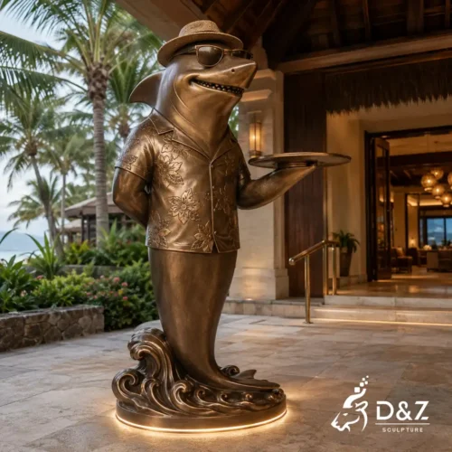 Shark Butler Statue | Life Size Bronze Shark Sculpture with Serving Tray for Hotels, Resorts and Restaurants 2
