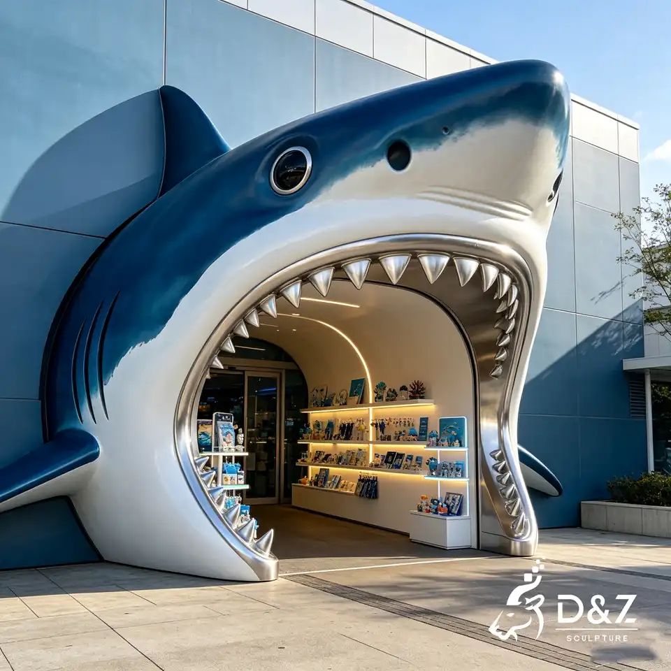 Stainless Steel Scary Shark Head Sculpture | Giant Shark Mouth Entrance Door Decor 1 Stainless Steel Scary Shark Head Sculpture | Giant Shark Mouth Entrance Door Decor 1