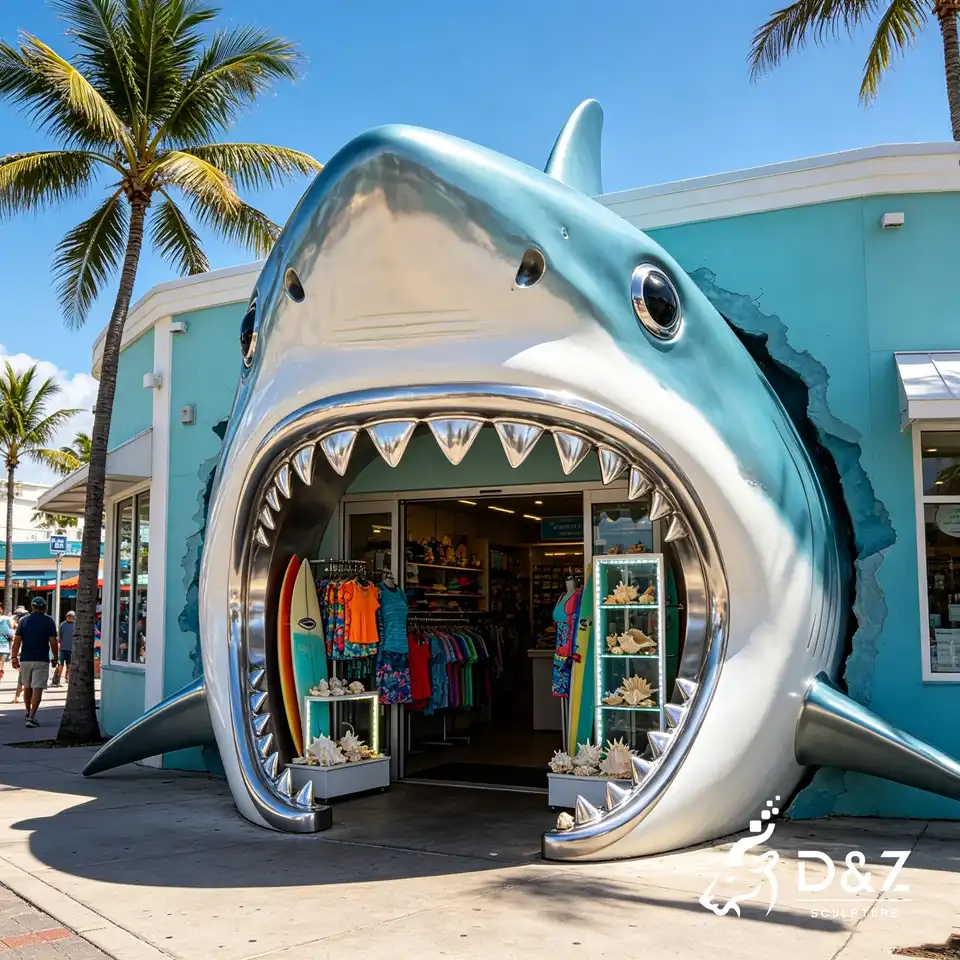 Stainless Steel Scary Shark Head Sculpture | Giant Shark Mouth Entrance Door Decor 3 Stainless Steel Scary Shark Head Sculpture | Giant Shark Mouth Entrance Door Decor 3