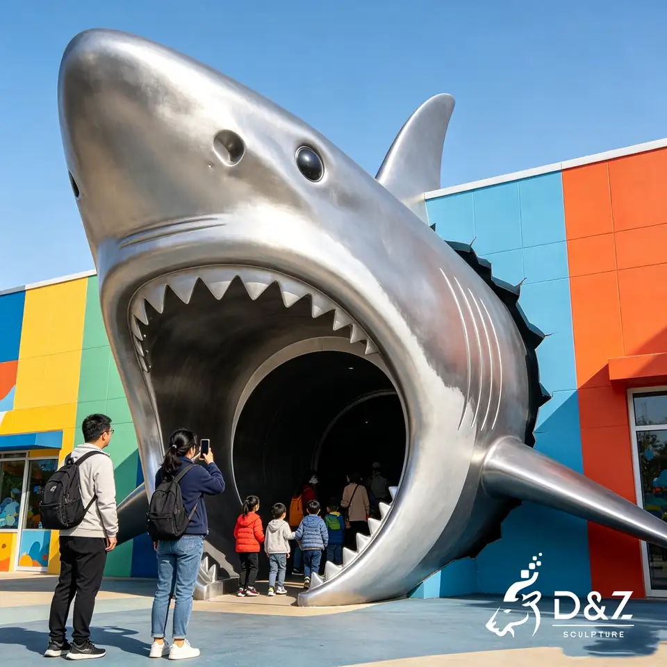 Stainless Steel Scary Shark Head Sculpture | Giant Shark Mouth Entrance Door Decor 5 Stainless Steel Scary Shark Head Sculpture | Giant Shark Mouth Entrance Door Decor 5