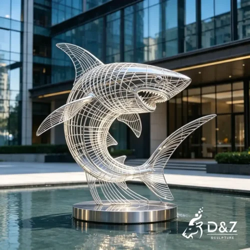 Shark Wire Sculpture | Hollow Stainless Steel Marine Animal Statue for Outdoor Decor 2
