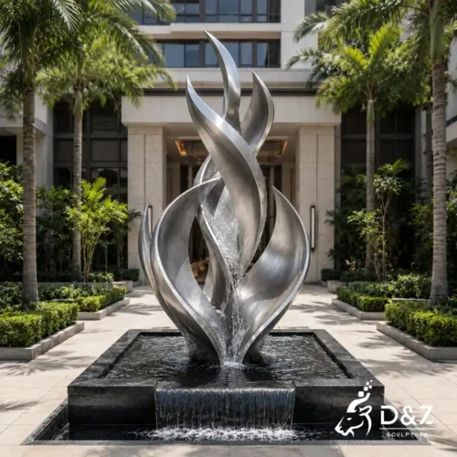 Abstract Stainless Steel Fountain Sculpture Inspired by Blooming Flower Petals 1