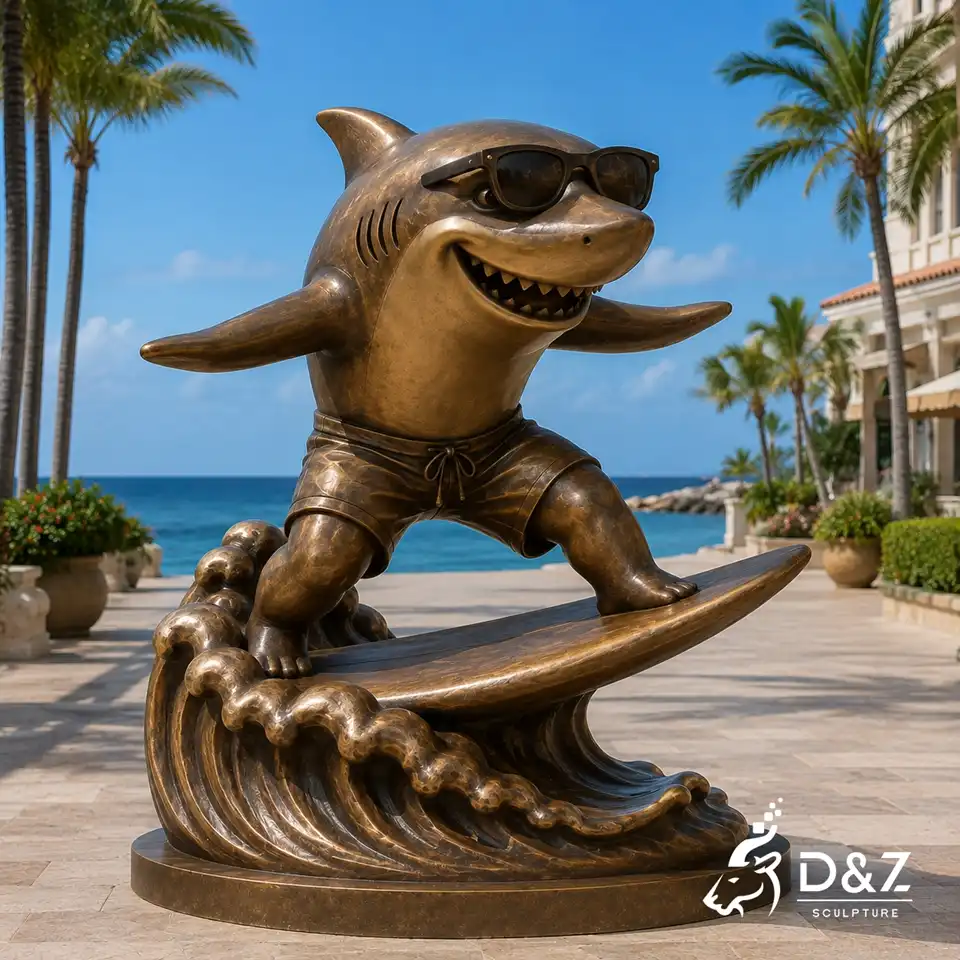 Cartoon Smiling Surfing Bronze Shark Statue for Sale Cartoon Smiling Surfing Bronze Shark Statue for Sale