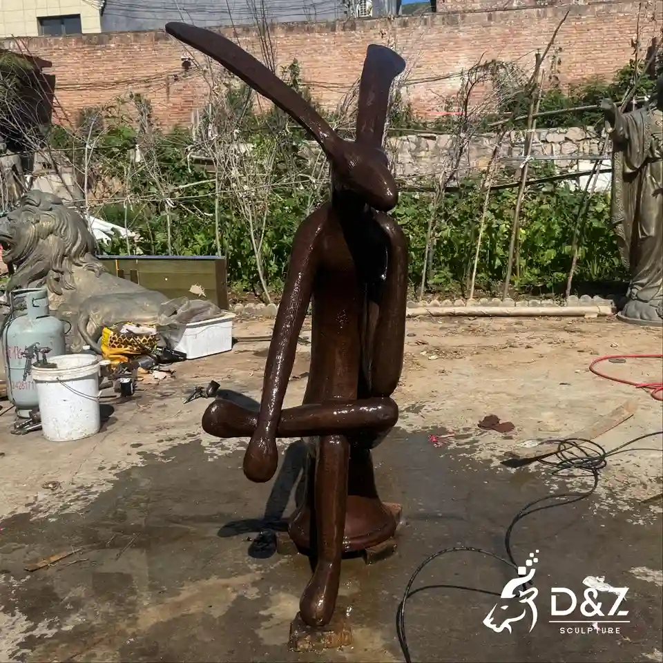 Bronze Thinking Rabbit Sculpture | Abstract Sitting Hare Statue For Outdoor Decor 3 Bronze Thinking Rabbit Sculpture | Abstract Sitting Hare Statue For Outdoor Decor 3