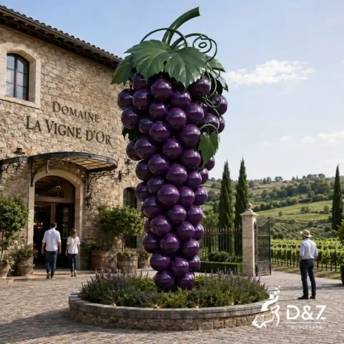 Large grape cluster sculpture with purple grapes and green vines at a winery entrance