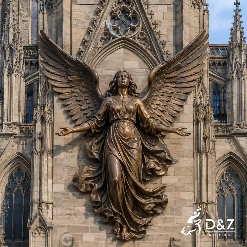 angel wall sculpture mounted on a grand church facade in realistic bronze finish angel wall sculpture mounted on a grand church facade in realistic bronze finish